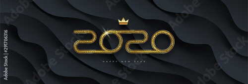 2020 new year logo. Greeting design with golden  number of year on a abstract black layered background. Design for greeting card, invitation, calendar, etc.