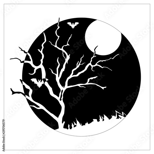 Black-white logo, icon for design. Sketch for tattoo. Drawn illustration in a circle on a white background. Vector for halloween.