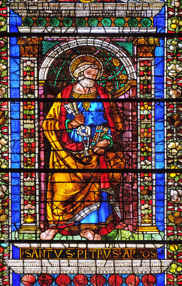 Saint Peter, stained glass window in Santa Maria Novella Principal Dominican church in Florence, Italy