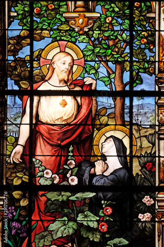 Apparition of the Sacred Heart to Marguerite Marie Alacoque, stained glass windows in the Saint Gervais and Saint Protais Church, Paris, France 