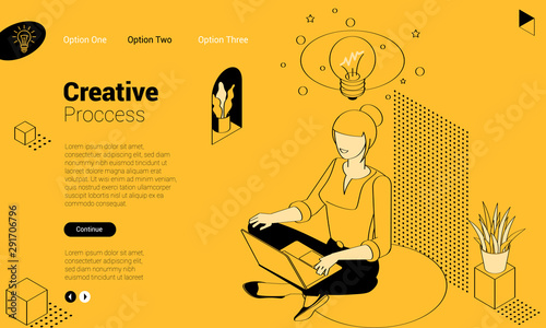 Girl is siting in lotus position with lap top. Concept of creating new ideas. Flat design isometric vector concept for web site and application design and presentation. UI design mockup.