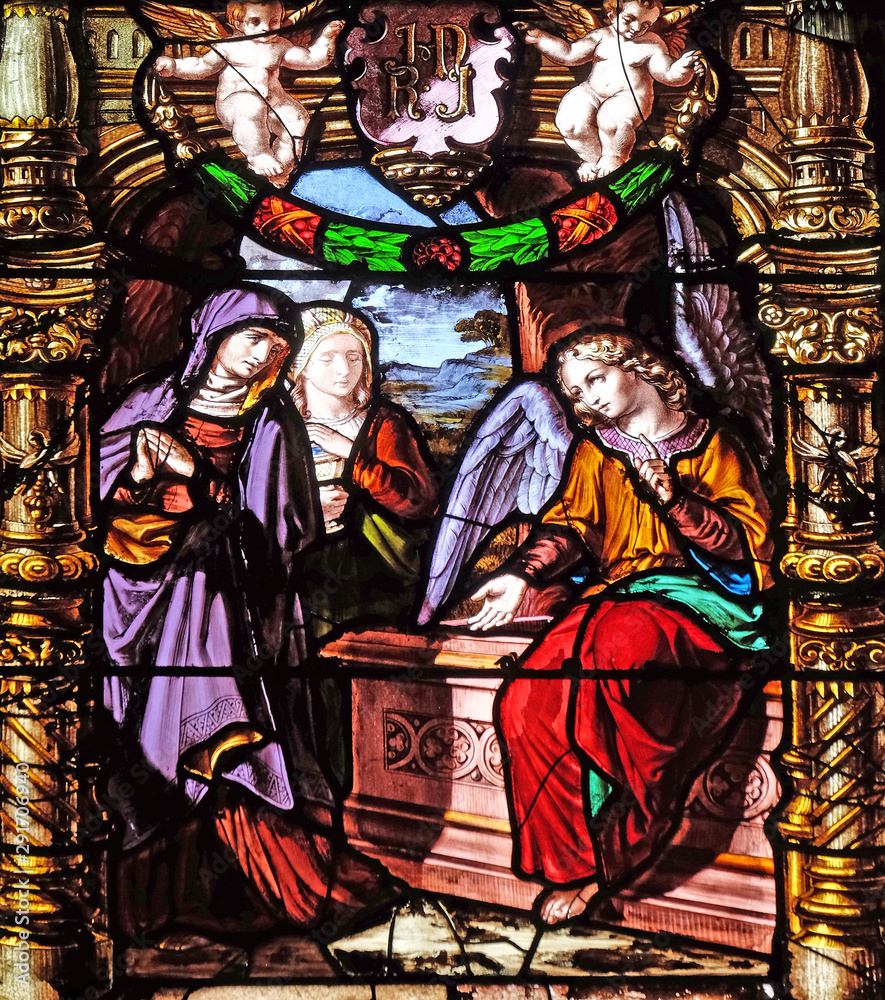 Fototapeta premium The Women at the Empty Jesus Tomb, stained glass windows in the Saint Gervais and Saint Protais Church, Paris, France