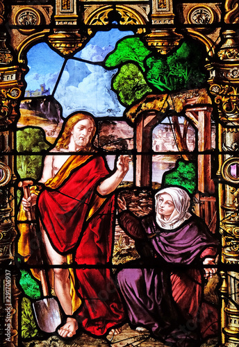 Risen Christ and Mary Magdalene, stained glass windows in the Saint Gervais and Saint Protais Church, Paris, France
