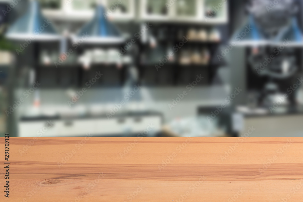 Obraz premium abstract blur inside interior contemporary kitchen loft decoration style with wood plank perspective background for show promote content ,product on disply