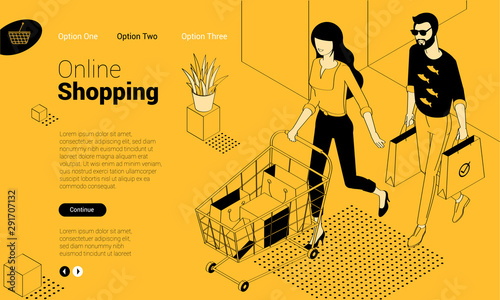 Flat design isometric web page template for online shopping, digital marketing, business strategy and analytics. Trendy vector illustration concept for website and mobile app.