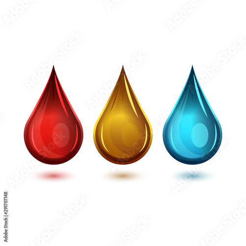 Set of realistic drops of various liquids and substances of red  blue and honey-brown  bright 3D design elements for fluid products