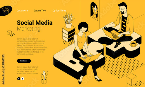 Business solution in partnership. Coworkers pushing pieces of puzzle. Flat design isometric vector concept for web site and application design and presentation. UI design mockup.