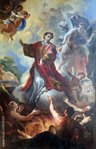 Canvas Saint Lawrence and the souls in purgatory altarpiece by Niccolo Lapi in the Basi