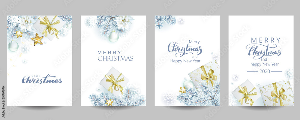 Fototapeta 4 szablon kartek świątecznych z białymi świerkami i pudełkami prezentowymi