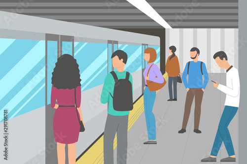 Train at the metro station. People, passengers on the platform. Vector illustration.