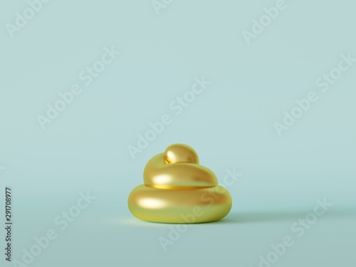 3d render. Golden excrement on a blue background. Minimalistic design.