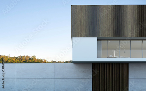 Fototapeta Naklejka Na Ścianę i Meble -  Perspective of modern luxury building with wood terrace and swimming pool on sea view background,Idea of family vacation. 3D rendering.