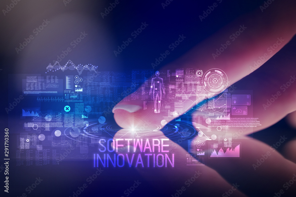 Finger touching tablet with web technology icons and SOFTWARE INNOVATION inscription Finger touching tablet with web technology icons and SOFTWARE INNOVATION inscription