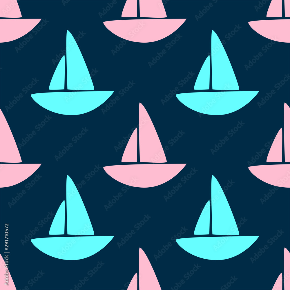 Simple seamless pattern with colored silhouettes of sailboats. Vector illustration.