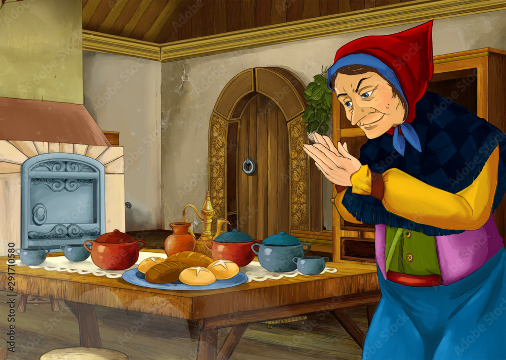 cartoon scene with medieval kitchen room and older woman like witch or ...