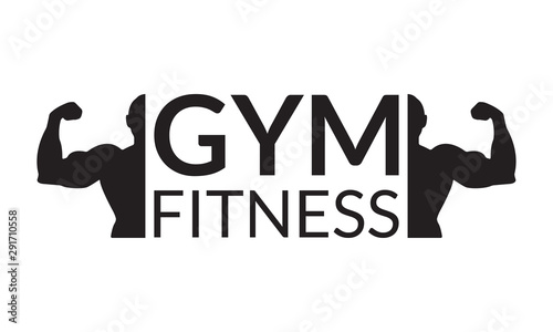 Gym logo with body builder silhouette. Sport and fitness center symbol. Vector illustration.