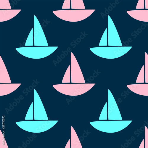 Simple seamless pattern with colored silhouettes of sailboats. Vector illustration.