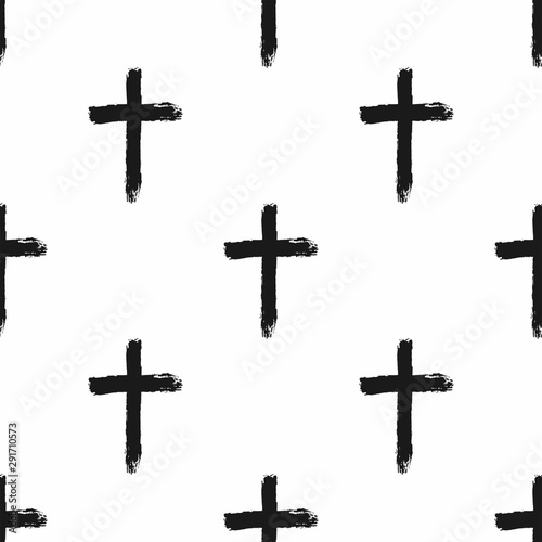 Seamless pattern with christian crosses painted with a rough brush. Sketch, grunge, ink. Religious print. Vector illustration.