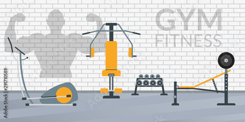 Gym interior with fitness equipment. Weight machine, elliptical, barbell. Vector illustration.
