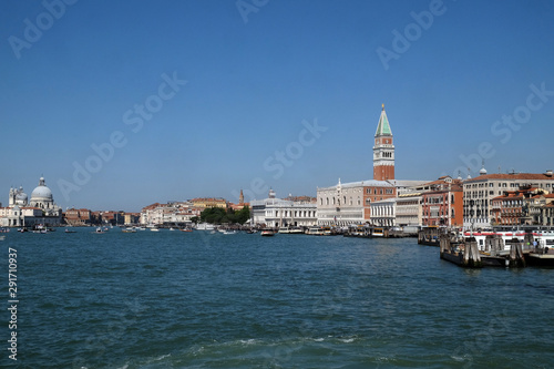 Cityscape of Venice. View from cruise ship at Adriatic sea.