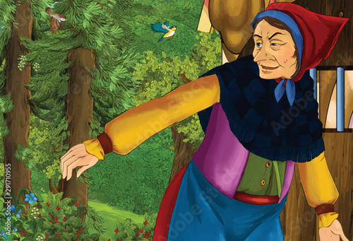 Fotografia cartoon scene with old woman like witch or sorceress near some farm house - illu
