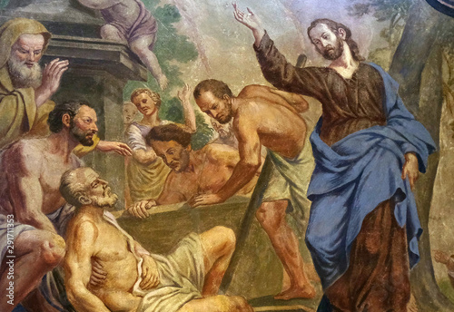 Jesus Miracles - Raising Lazarus, fresco in the St Nicholas Cathedral in Ljubljana, Slovenia  photo