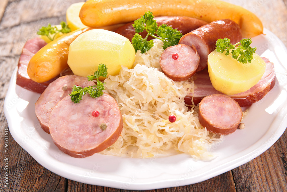 sauerkraut, garman food with cabbage, sausage and potato sauerkraut, garman food with cabbage, sausage and potato