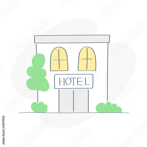 Hotel building, hostel exterior. Tourism, vacation or booking service icon concept. Flat colorful vector illustration in premium outline cartoon design style.