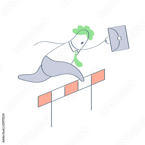 Business hurdler, business competition. Businessman participates in steeplechase, jumping through a barrier. Challenge, problem solving, overcoming challenges. Flat modern linear vector illustration.