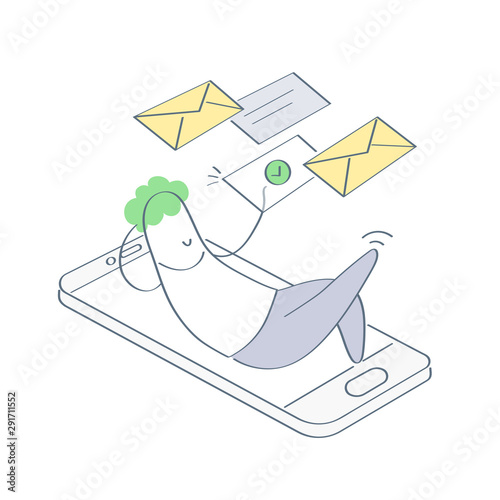 Relaxing businessman is lying on the mobile phone screen and solves incoming tasks: checks mail, viewing correspondence and documents, responds in messengers. Flat outline clean doodle design vector.