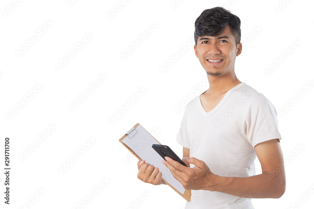 Handsome Asian man with finger point and using phone to clipboard. Handsome Asian man with finger point and using phone to clipboard.