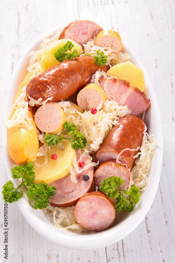 sauerkraut, garman food with cabbage, sausage and potato