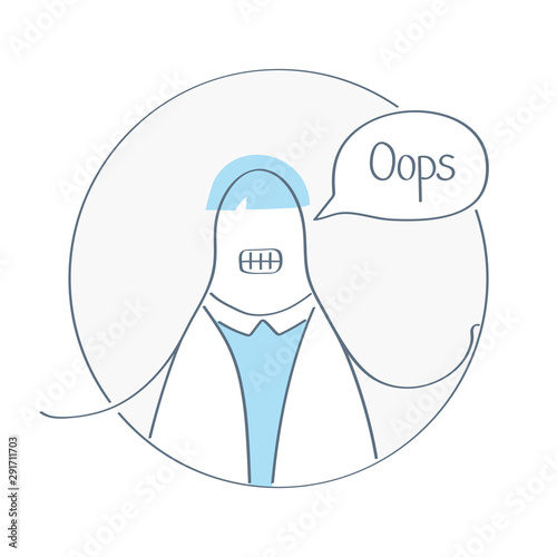 Sorry face. Cartoon character says "Oops". Page not found, 404 error or "Sorry, we're closed" concept. Flat outline clean doodle design style, vector illustration.