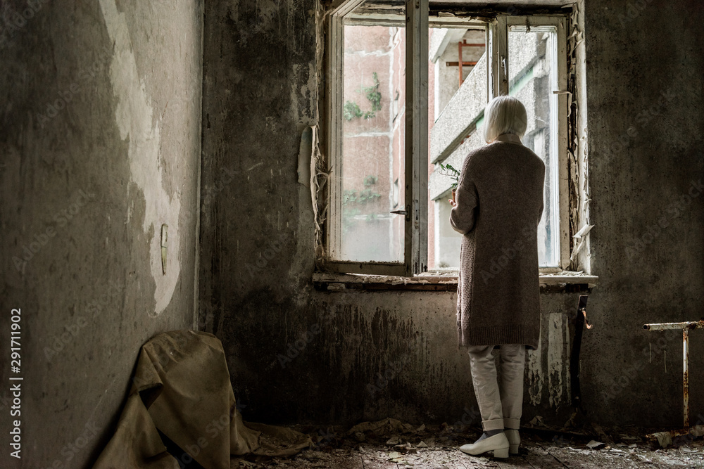 back view of retired woman holding plant in empty room near windows back view of retired woman holding plant in empty room near windows