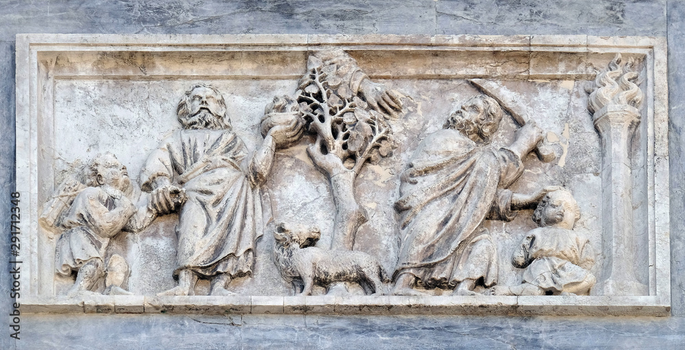 The Sacrifice of Isaac, facade detail of St. Mark's Basilica, St. Mark's Square, Venice, Italy