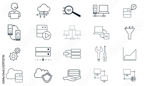 Database analytics icon set for data management and analysis