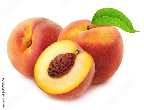 Composition with whole and halved peaches with leaves isolated on white background. As design element.