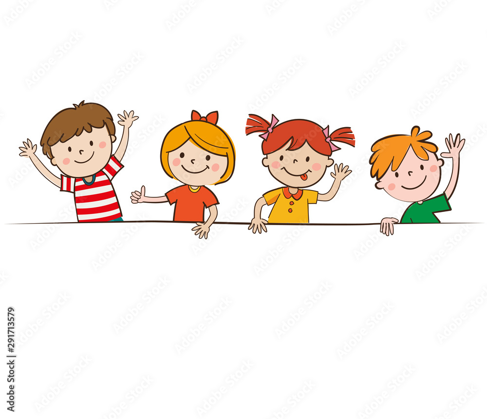 Cartoon Happy Children In White Background Holding Blank Banner. Happy Kids  And Banner Vector Illustration. Smiling Boys And Girls With Empty Poster  Hand Drawn Vector Illustration. Stock Vector | Adobe Stock