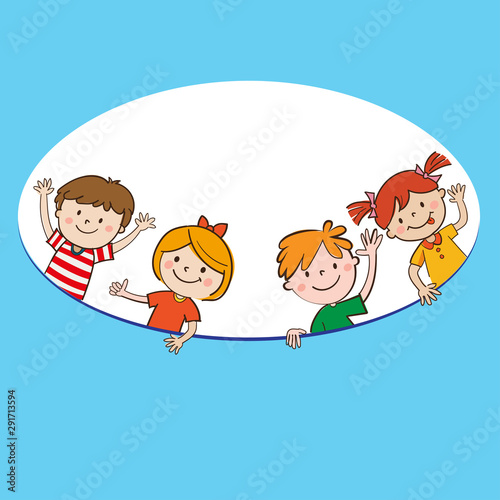 Cartoon Happy Children Holding Blank Banner. Happy Kids And Oval Banner Vector Illustration. Smiling Boys And Girls With Empty Poster Hand Drawn Vector Illustrations.