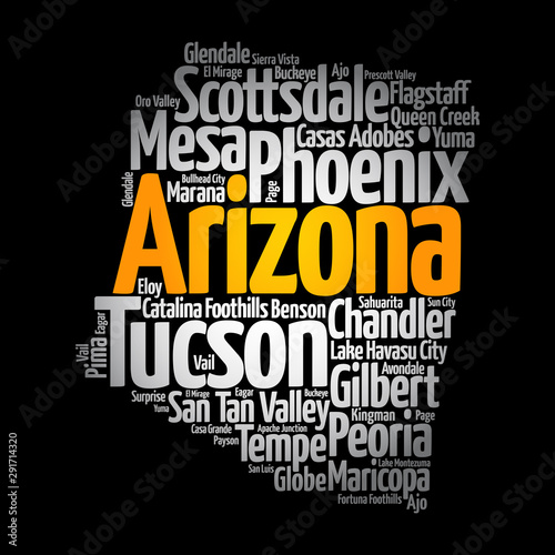 List of cities in Arizona USA state, map silhouette word cloud map concept