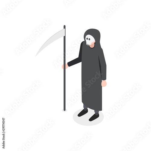 Death. Man in costume. Isometric icon. Halloween concept. Vector illustration.