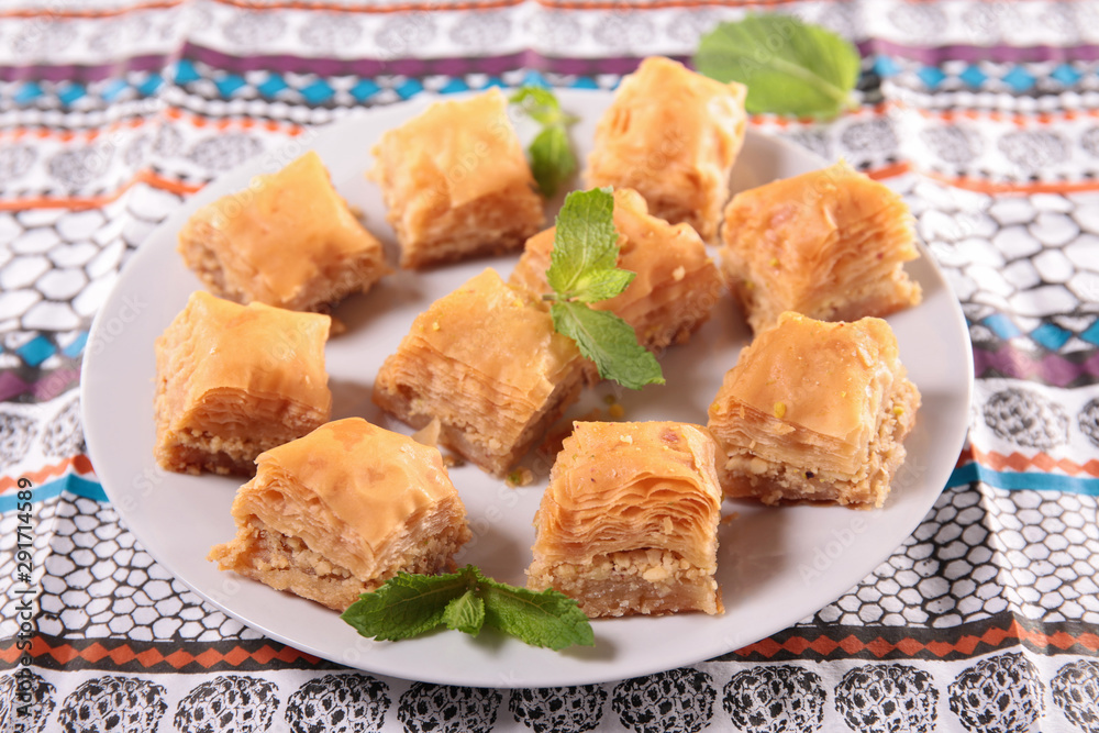baklava, traditional moroccan pastry and mint