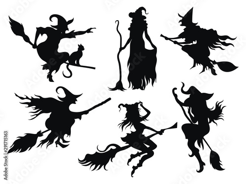 Set of black silhouettes of witches flying on a broomstick. A collection of silhouettes for Halloween. Mystical illustration. Vector outline of a witch.