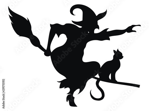 Black silhouette of a witch flying on a broomstick. Silhouette for the Halloween. Mystical illustration. Vector outline of a witch.