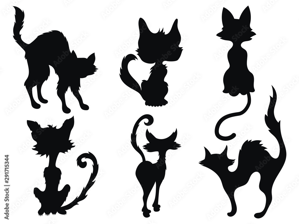 Set of black cats for halloween. Collection of silhouettes of pets. Vector  illustration of kittens for children. Tattoo. Stock Vector | Adobe Stock