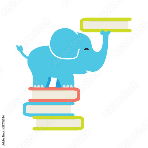 Elephant standing on books and balancing one on trunk