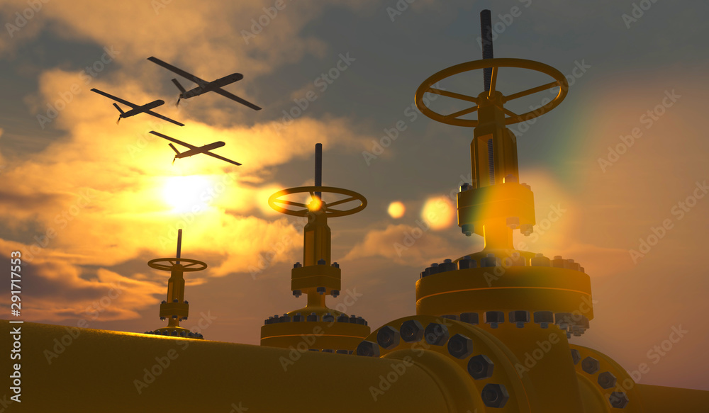 Obraz premium 3D illustration of a kamikaze type UAV drone flying past oil & gas valves and infrastructure. Fictitious UAV, motion blur, lens flare and depth-of-field for dramatic effect.