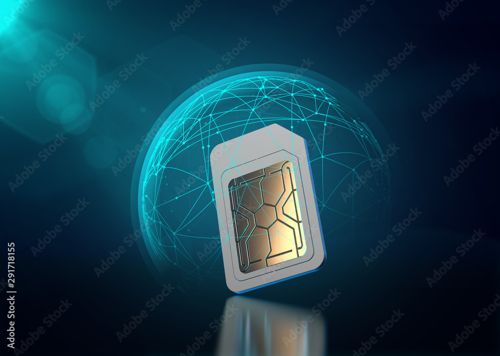 Mobile data protected with blue force field like shield around sim card. Data transfer security concept. 3D rendering - obrazy, fototapety, plakaty 