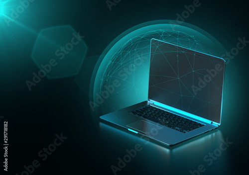 Data protected with blue force field like shield around laptop computer, copy space on blank notebook screen. Cyber security concept. 3D rendering