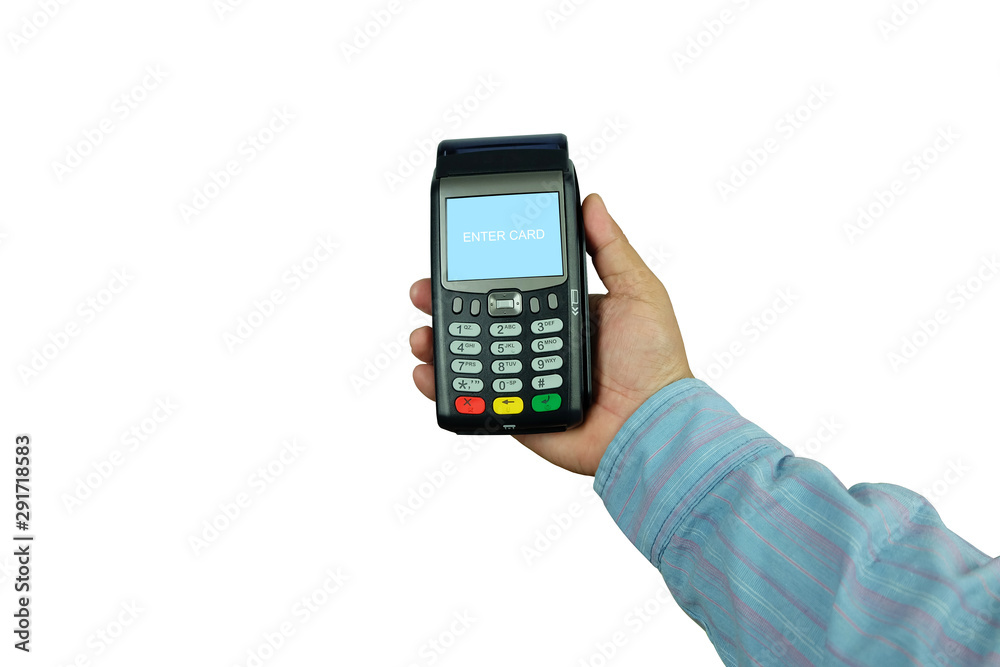 Hand of business man is holding POS Terminal Credit Card Machine isolated on white background. Hand of business man is holding POS Terminal Credit Card Machine isolated on white background.